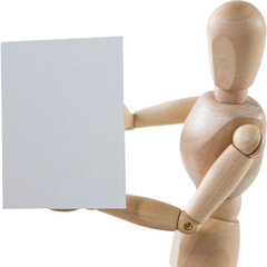 3d image of wooden figurine holding blank board 