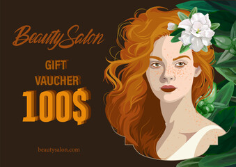 Girl with freckles and red loose hair decorated with flowers