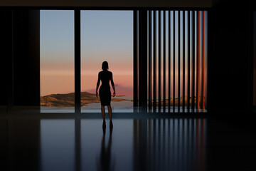 Elegant woman in short dress with her back turned looking through a window towards a lake. 3d render