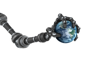 Digital image of black robotic hand holding earth