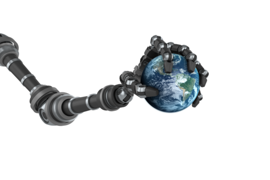 Digital image of black robotic hand holding earth
