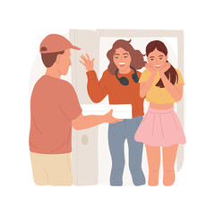 Fototapeta premium Food delivered isolated cartoon vector illustration. Happy teenagers receiving food delivery, enthusiastic friends rejoice at deliveryman arrival, holding pizza box in hands vector cartoon.