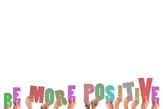 Cropped hands holding colorful words be more positive - Powered by Adobe