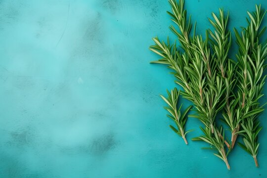  a sprig of rosemary on a blue background with a place for a text or a picture to put on a card or a postcard.  generative ai