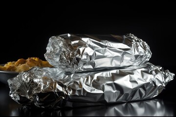  two aluminum foil wrapped food items on a black table with a black backgrounnd and a white plate with food on it and a black background.  generative ai