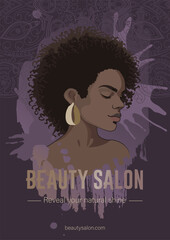 African girl in a frame with short curly hair over splashes