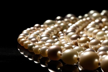 a bunch of pearls sitting on top of each other on a black surface with a reflection of them in the middle of the image and a black background.  generative ai