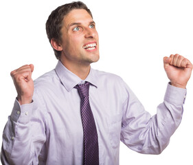 Elegant businessman cheering with clenched hands against white background