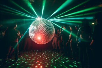 Photo of a lively gathering of people enjoying a disco ball's sparkling light created with...