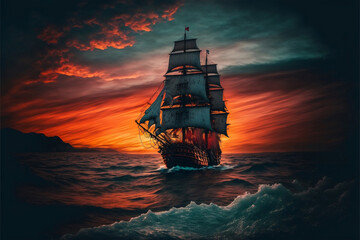 ship in the sunset, pirate ship at dusk sailing the sea, Generative AI