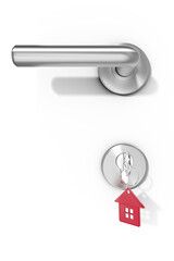 Closeup of doorknob and lock with red key ring