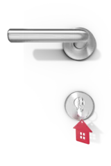 Poster Closeup of doorknob and lock with red key ring © vectorfusionart