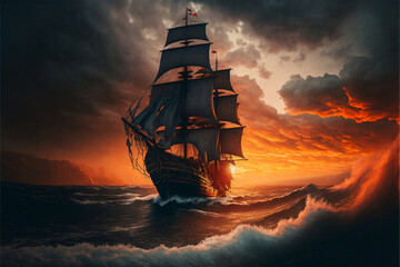 ship in the sea at sunset, pirate ship at dusk sailing the sea, Generative AI