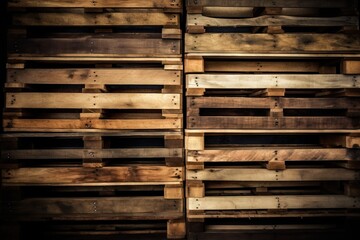  a stack of wooden pallets stacked on top of each other in a room with a wall of wood pallets behind them and a clock on the wall.  generative ai