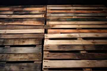  a pile of wooden pallets stacked on top of each other in a room with a black wall in the back ground and a black wall.  generative ai