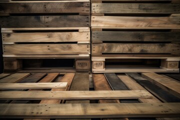  a pile of wooden pallets stacked on top of each other in a room with a black wall behind them and a black wall behind them.  generative ai
