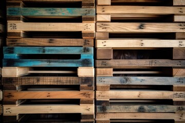  a stack of wooden pallets stacked on top of each other in a warehouse or warehouse area with a blue and brown stripe on the top of the pallets.  generative ai
