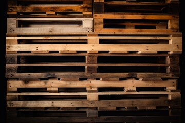  a bunch of wooden pallets stacked on top of each other in a room with a black wall in the background and a clock in the middle of the wall.  generative ai