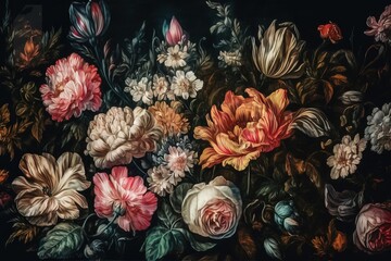  a painting of a bunch of flowers on a black background with leaves and flowers in the middle of the painting, with a black background of a black backdrop.  generative ai