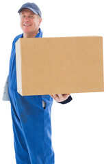 Happy delivery man showing cardboard box