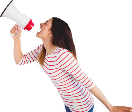 Carefree young woman making announcement with megaphone - Powered by Adobe
