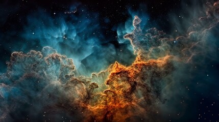 Obraz na płótnie Canvas A stunning photograph of a distant nebula with intricate patterns of gas and dust illuminated by bright stars. Generative AI