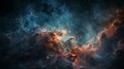 A stunning photograph of a distant nebula with intricate patterns of gas and dust illuminated by bright stars. Generative AI
