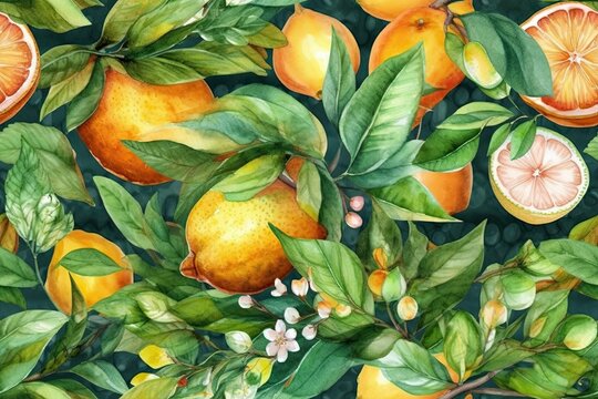 oranges and leaves on green background. Generative AI