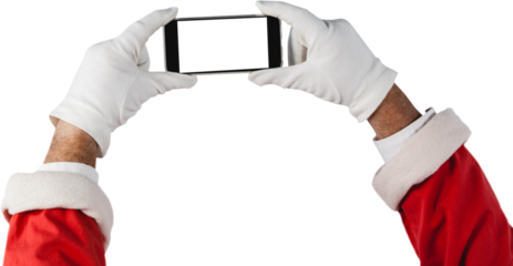 Santa Claus holding mobile phone against white background