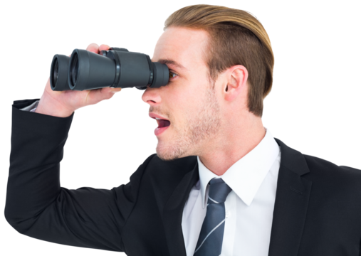 Surprised businessman looking through binoculars  - Powered by Adobe