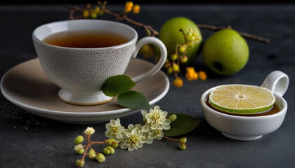 Obraz na płótnie Canvas linden tea honey lemon on a dark background. Generative AI