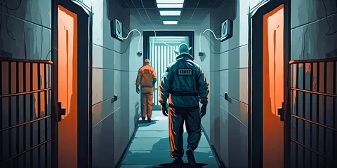 Fotobehang A prison guard arresting an inmate as they walk through a jail corridor - Generative AI © jovannig