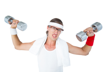 Geeky hipster lifting dumbbells in sportswear