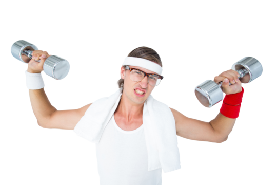 Geeky hipster lifting dumbbells in sportswear
