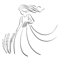 lovely woman in a long dress collects ears of wheat on the field, black outline on a white background