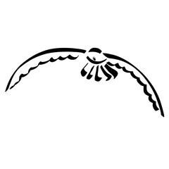 flying bird with wings creating an arc, black abstract symbol on white background