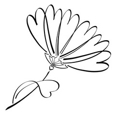 flower with petals and a leaf in the shape of a heart, black outline on a white background
