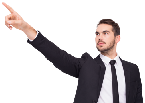 Thoughtful businessman pointing his finger 