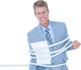 Portrait of angry businessman tied up with rope