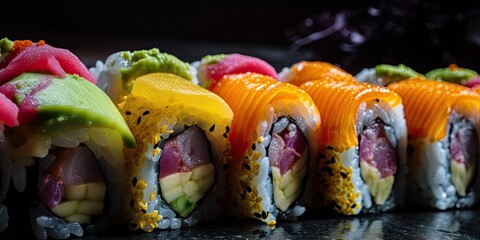 Fototapeta na wymiar A close up of sushi rolls with vibrant.Generative AI