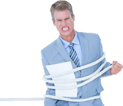 Portrait of angry businessman tied up with rope - Powered by Adobe