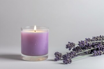 Obraz na płótnie Canvas a candle and some lavender flowers on a white background with a shadow of the candle on the table and the lavender flower on the side of the candle. generative ai