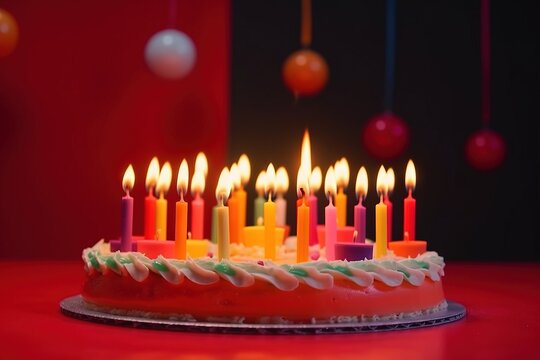  a birthday cake with lit candles on a table in a room with red walls and ornaments hanging from the ceiling and a red table with a red table cloth.  generative ai