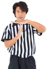 Fotobehang Voetbal Referee showing timeout gesture while blowing whistle  © vectorfusionart