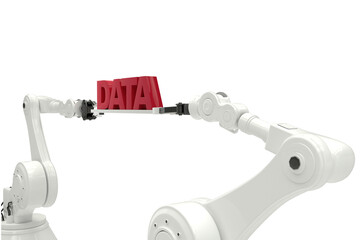 White robotic hands holding red data message over white background