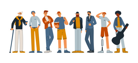 Diversity of people. Vector men of different ages, nationalities, physiques, clothes, hairstyles. Inclusion. Vector flat line illustration