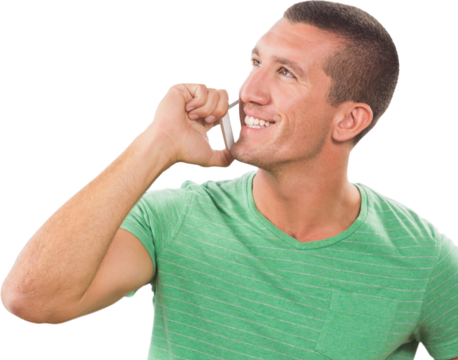 Man using mobile phone over white background