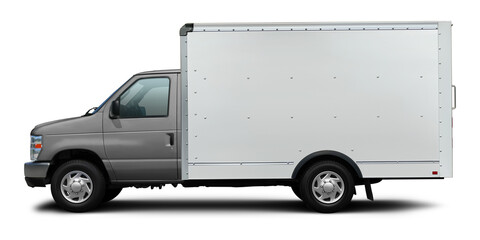 Small delivery cargo van with white van and gray cab isolated on white background. © andrew7726