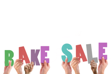 Cropped hands holding colorful words bake and sale 