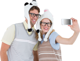 Geeky hipster couple taking selfie with smartphone